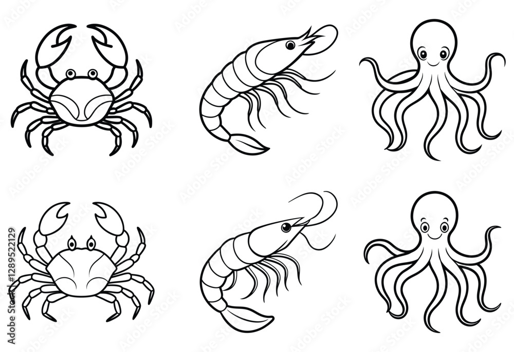 Fototapeta premium octopus, crab, lobster line art bundle on white background, lobster, crab, octopus.