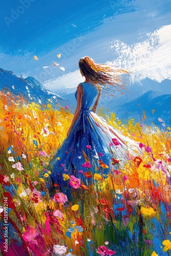 Beautiful woman in elegant long skirt dancing walking in wild flower field in Spring.