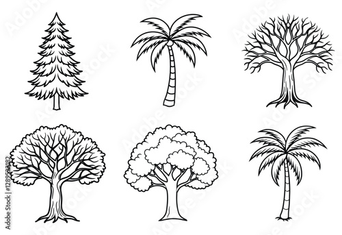6 tree's line art on white background, palm, oak, pine, Coconut, Banyan tree. tree sat.