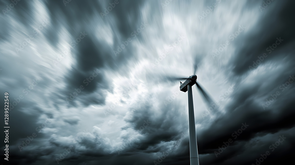 A dynamic image showing wind turbines spinning rapidly under fast-moving storm clouds.