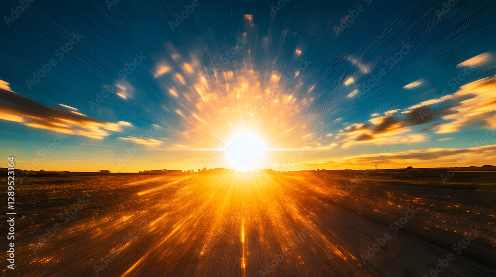 A dynamic time-lapse-style image showing the sun moving across the sky over a solar farm.