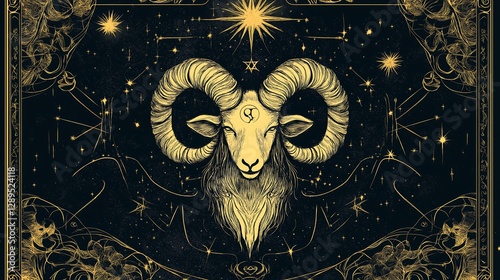 Artistic representation of a ram surrounded by celestial symbols and stars in a dark mystical setting photo