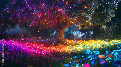 A fantastical silver-leaved tree glowing softly in the center of a vibrant rainbow meadow.