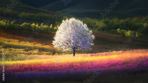 A fantastical silver-leaved tree glowing softly in the center of a vibrant rainbow meadow.
