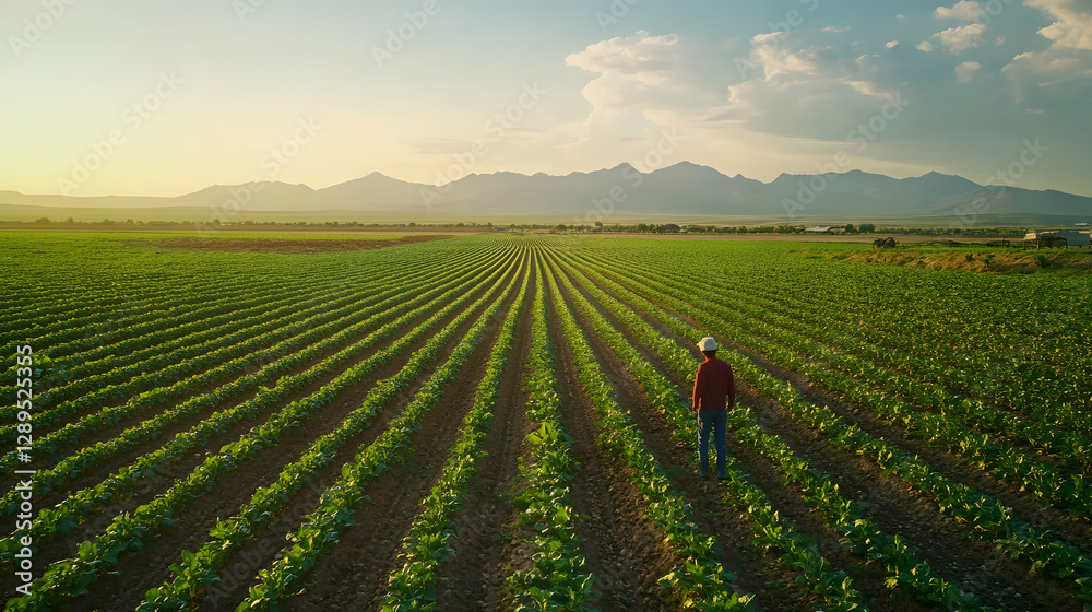 A farmer using solar panels to power irrigation systems in a vibrant agricultural field.