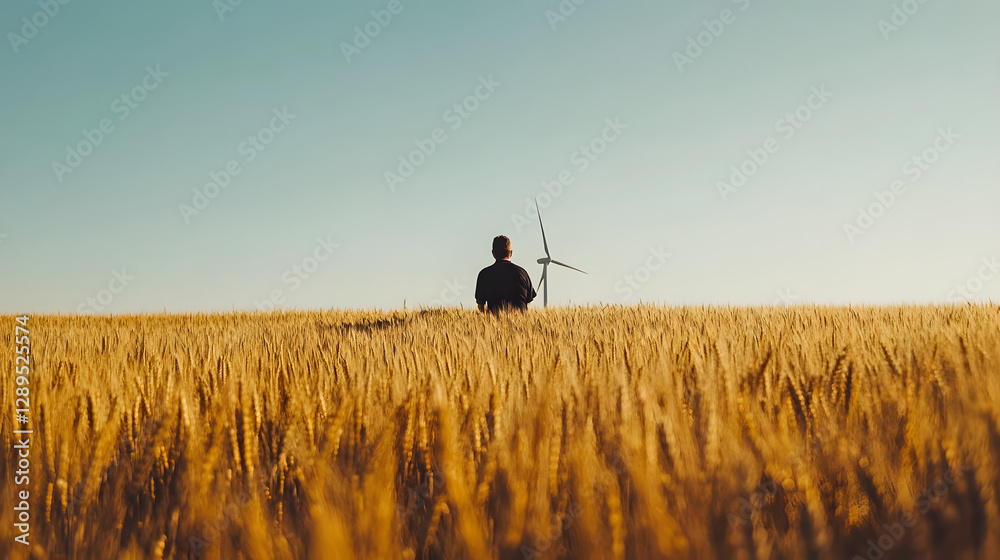 A farmer working near a wind turbine in a golden wheat field under a clear sky.