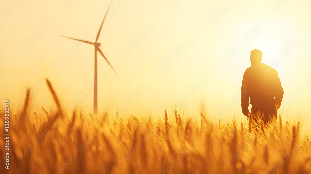 A farmer working near a wind turbine in a golden wheat field under a clear sky.
