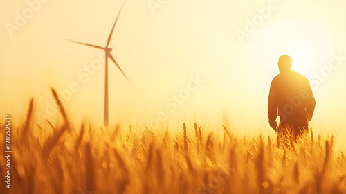 Obraz na płótnie A farmer working near a wind turbine in a golden wheat field under a clear sky. w salonie