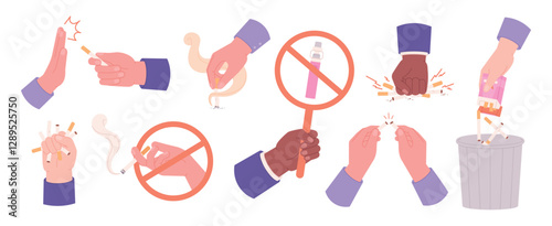 No smoking set. Human hands broking cigarettes, rejecting smoke. Anti tobacco gestures, reject bad habit. Throws away cigarette, no vaping, racy vector signs