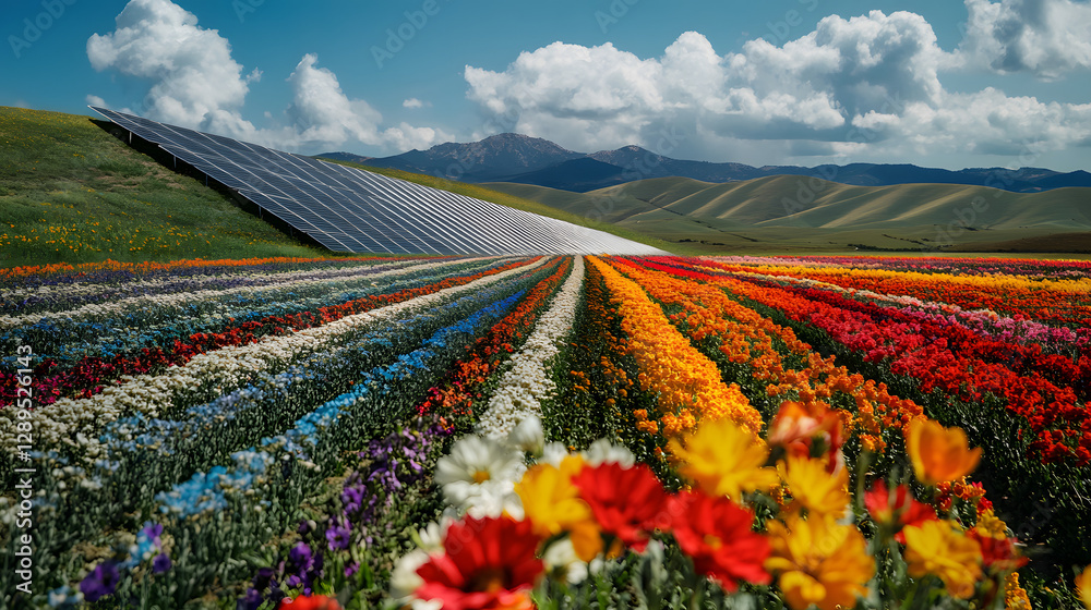 A field of colorful flowers with solar panels rising above blending natural beauty and innovation.