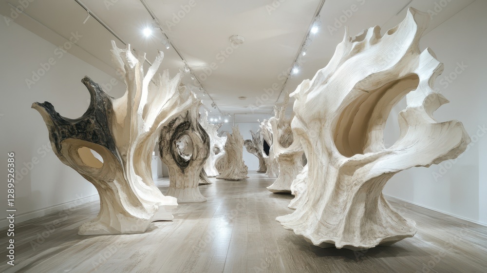 Obraz premium Contemporary art exhibit featuring abstract wooden sculptures in modern gallery space