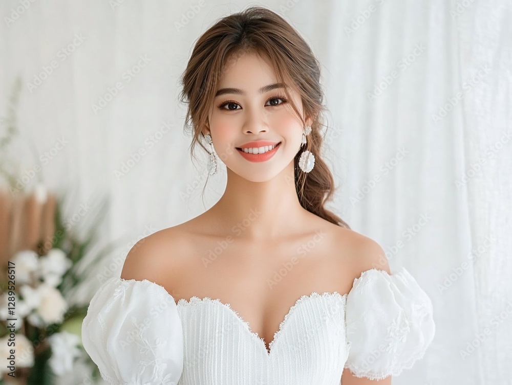 Smiling bride, studio portrait, floral background, wedding prep Smiling bride, studio portrait, floral background, wedding prep