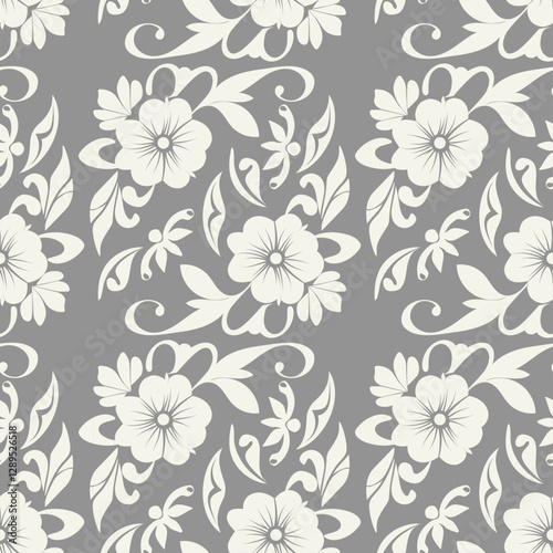 Floral seamless pattern, flower ornament in retro, vintage design in grey color  for wallpaper, textile, packaging, print and decoration. 