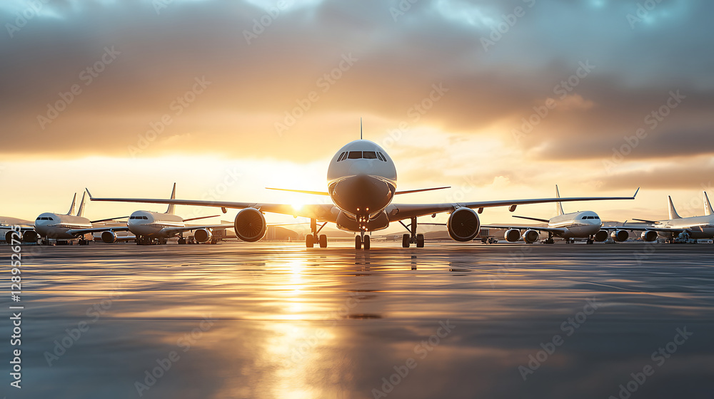 A fleet of private jets lined up on a pristine airport tarmac glistening under the midday sun.