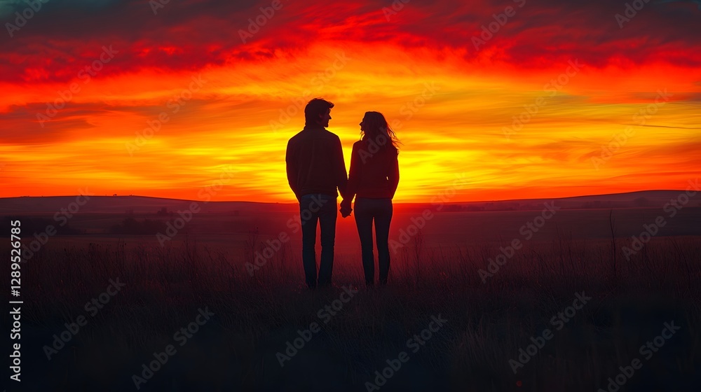 A wide shot of a couple standing on a hilltop, silhouetted against a vibrant sunset A wide shot of a couple standing on a hilltop, silhouetted against a vibrant sunset