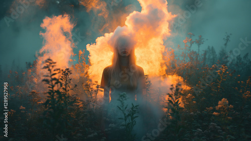 Girl standing in a field covered in sunlight and smoke