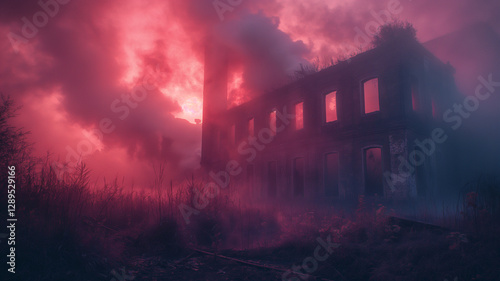 Old building, red light, smoke and fog