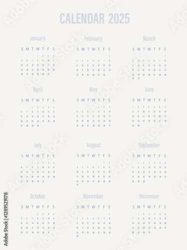Vector illustration. Calendar for 2025. Week starts on Sunday. Calendar ready for printing. Has 12 months. Stationery design concept.