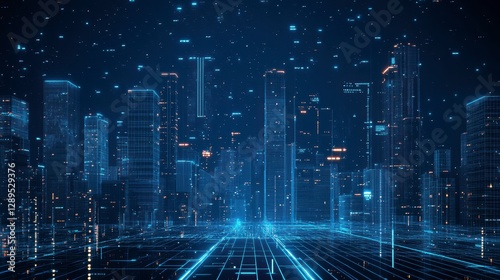 Futuristic city skyline at night, digital lines, glowing lights, possible use for technology background