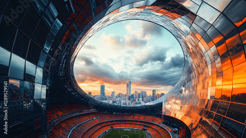 Obraz na płótnie A football stadium with a unique circular design surrounded by mirrored walls reflecting the cityscape. w salonie