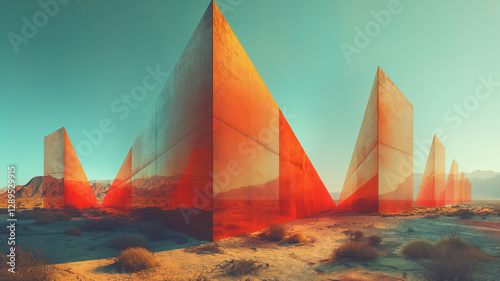 surreal digital artwork featuring a desert landscape with a series of large, triangular, mirrored structures.
