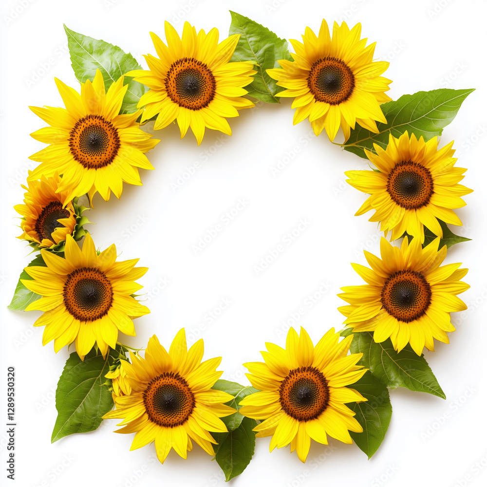 Sunflower wreath arranged in a circular shape with vibrant yellow petals and fresh green leaves on a white background. Floral composition and decoration. Sunflower wreath arranged in a circular shape with vibrant yellow petals and fresh green leaves on a white background. Floral composition and decoration.