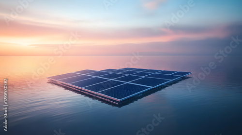 Obraz na płótnie A futuristic concept of floating solar panels on a calm lake with reflections on the water. w salonie