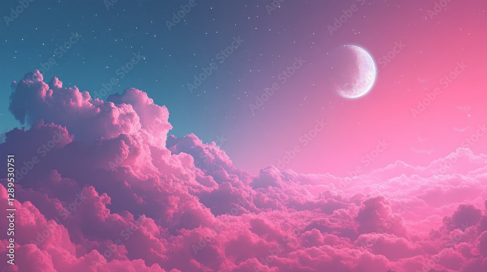 Fototapeta premium Dreamy nighttime sky with pink clouds and crescent moon