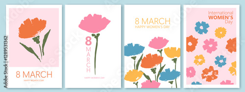 Spring flowers. 8 March, womens day, mother's day holiday cards set. Bright colorful botanical background, pattern. 