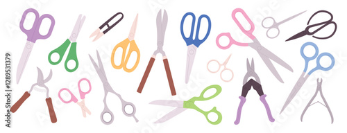 Different flat scissors. Nippers and scissors cartoon icons, cutting equipment for manicure, pedicure, cut paper, fabric or food. Stationery racy vector set