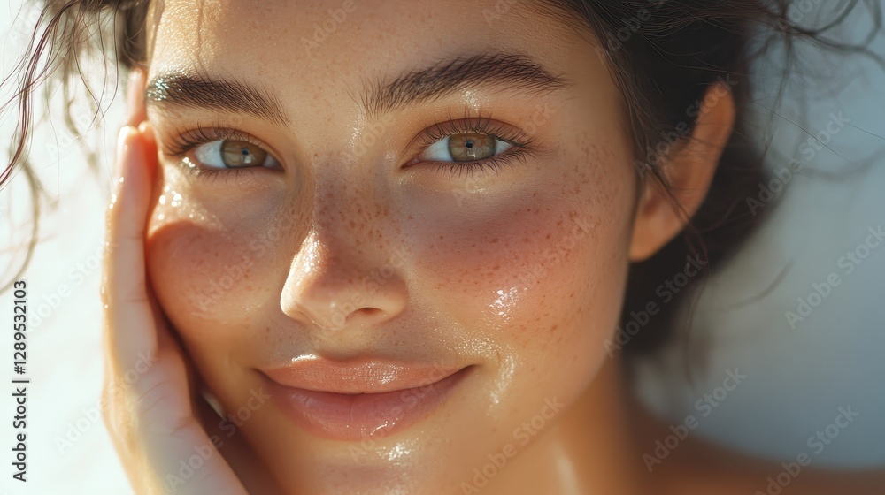 Young caucasian female with freckles smiling intercepted by natural sunlight Young caucasian female with freckles smiling intercepted by natural sunlight