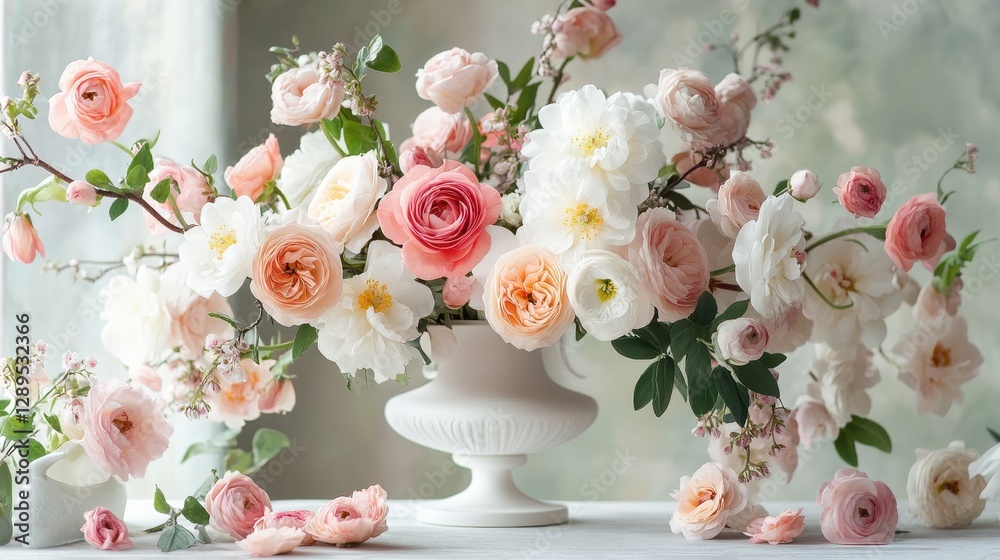 Fototapeta premium Elegant arrangement of pink and white roses in a ceramic vase on a rustic table