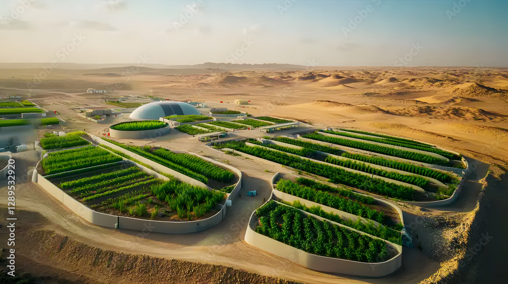 A futuristic desert farming facility in Saudi Arabia using hydroponics and AI-driven irrigation systems.