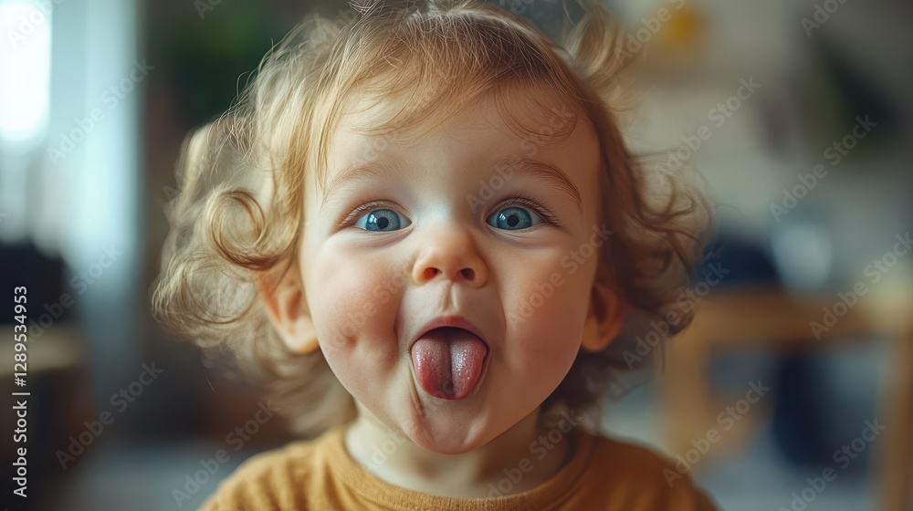 Adorable caucasian toddler with curly hair sticking out tongue Adorable caucasian toddler with curly hair sticking out tongue