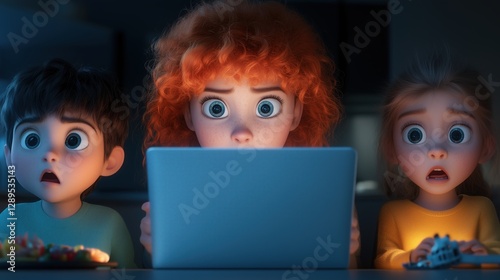 Children watching something surprising on a laptop during the night in a cozy living room