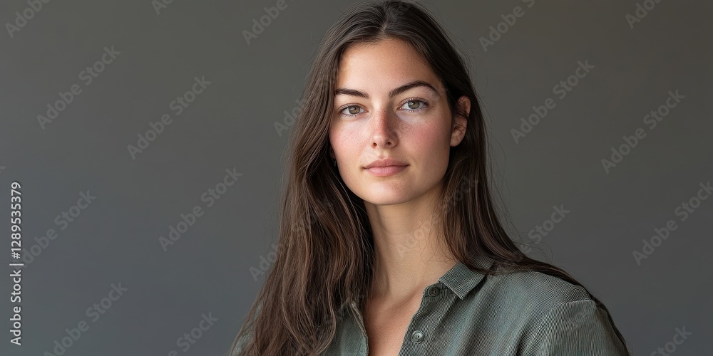 Fototapeta premium Natural Portrait of a Young Woman with Long Hair Against a Soft Background