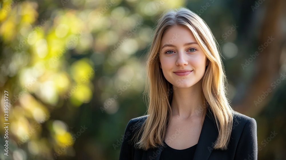 Confident Young Woman Smiling in Nature with Soft Focus Background Confident Young Woman Smiling in Nature with Soft Focus Background