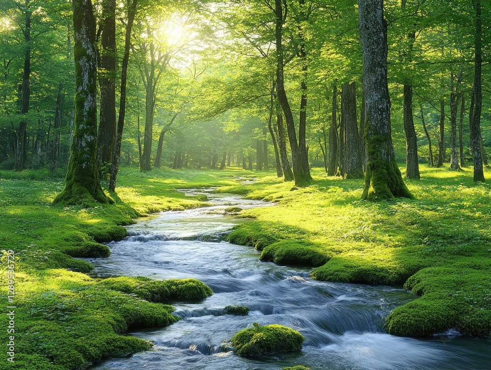 Fototapeta premium Serene Stream Flows Through Lush Forest, Sunlight Dapples Mossy Banks