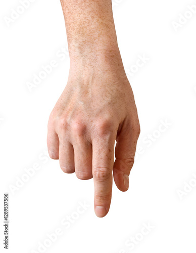 Person's hand with extended index finger depicting gesture of touch isolated cutout on transparent