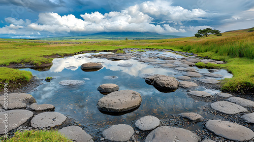 Highland stream, rocks, cloudy sky, tranquil scene, nature photography