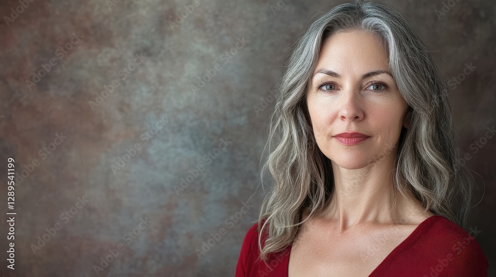 Confident Mature Woman with Long Gray Hair Posing Against a Soft Background Confident Mature Woman with Long Gray Hair Posing Against a Soft Background