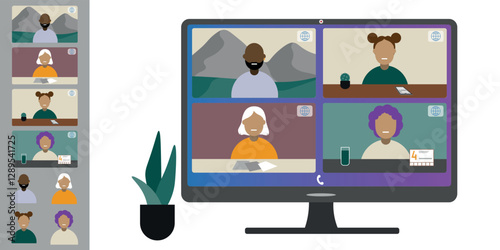 Video call conference, working from home. Colleagues of different nationalities and ages talk to each other on computer screen. Isolated illustration on white background in flat style trendy colors