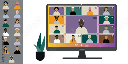 Video call conference, working from home. Colleagues of different nationalities and ages talk to each other on computer screen. Isolated illustration on white background in flat style trendy colors