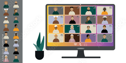 Video call conference, working from home. Colleagues of different nationalities and ages talk to each other on computer screen. Isolated illustration on white background in flat style trendy colors