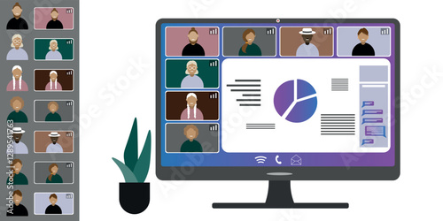 Video call conference, working from home. Colleagues of different nationalities and ages talk to each other on computer screen. Isolated illustration on white background in flat style trendy colors