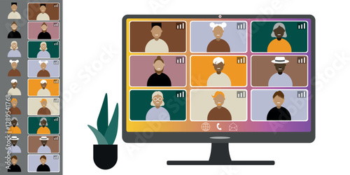 Video call conference, working from home. Colleagues of different nationalities and ages talk to each other on computer screen. Isolated illustration on white background in flat style trendy colors