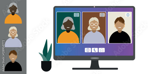 Video call conference, working from home. Colleagues of different nationalities and ages talk to each other on computer screen. Isolated illustration on white background in flat style trendy colors