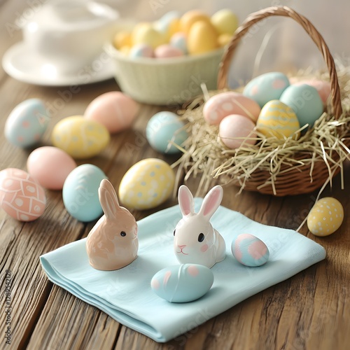 Colorful Easter eggs in basket. Kids hunt for eggs outdoors.