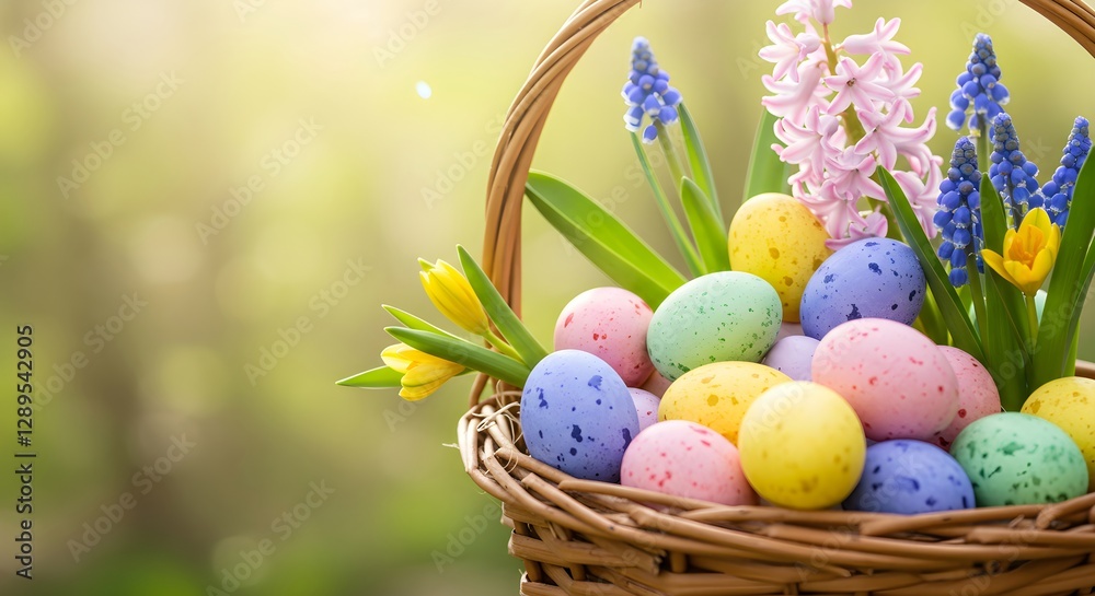 Easter basket with colorful eggs and spring flowers on blurred background. Traditional holiday decoration. Festive arrangement with tulips, hyacinths, and muscari. Easter basket with colorful eggs and spring flowers on blurred background. Traditional holiday decoration. Festive arrangement with tulips, hyacinths, and muscari.