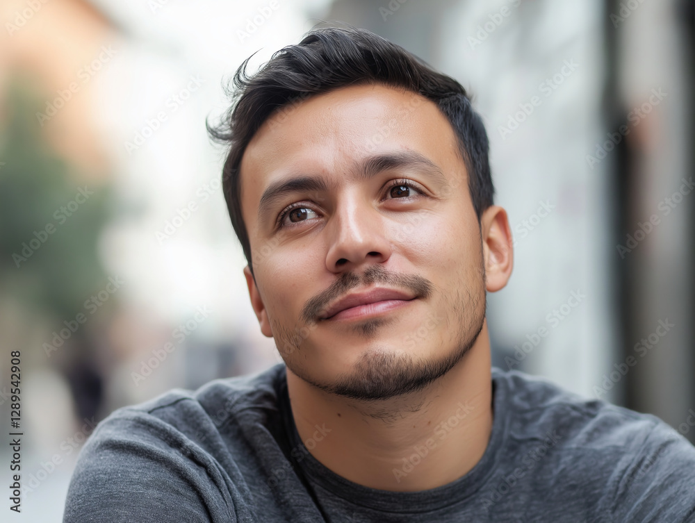 Young latino man daydreaming looking up in contemplation